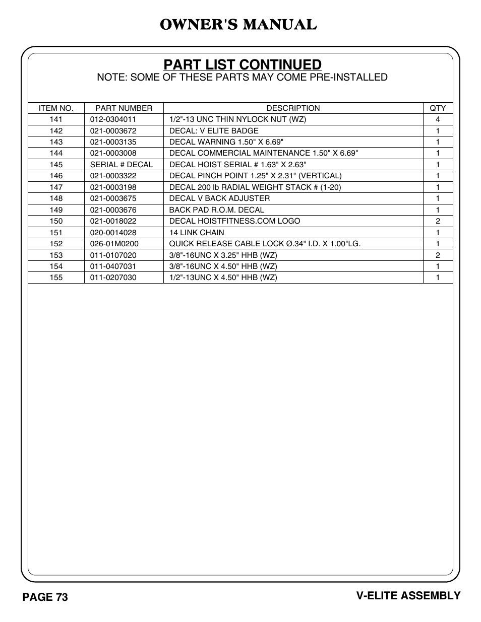 Part list continued, Owner's manual, Page 73 v-elite assembly | Hoist Fitness V-ELITE User Manual | Page 74 / 84