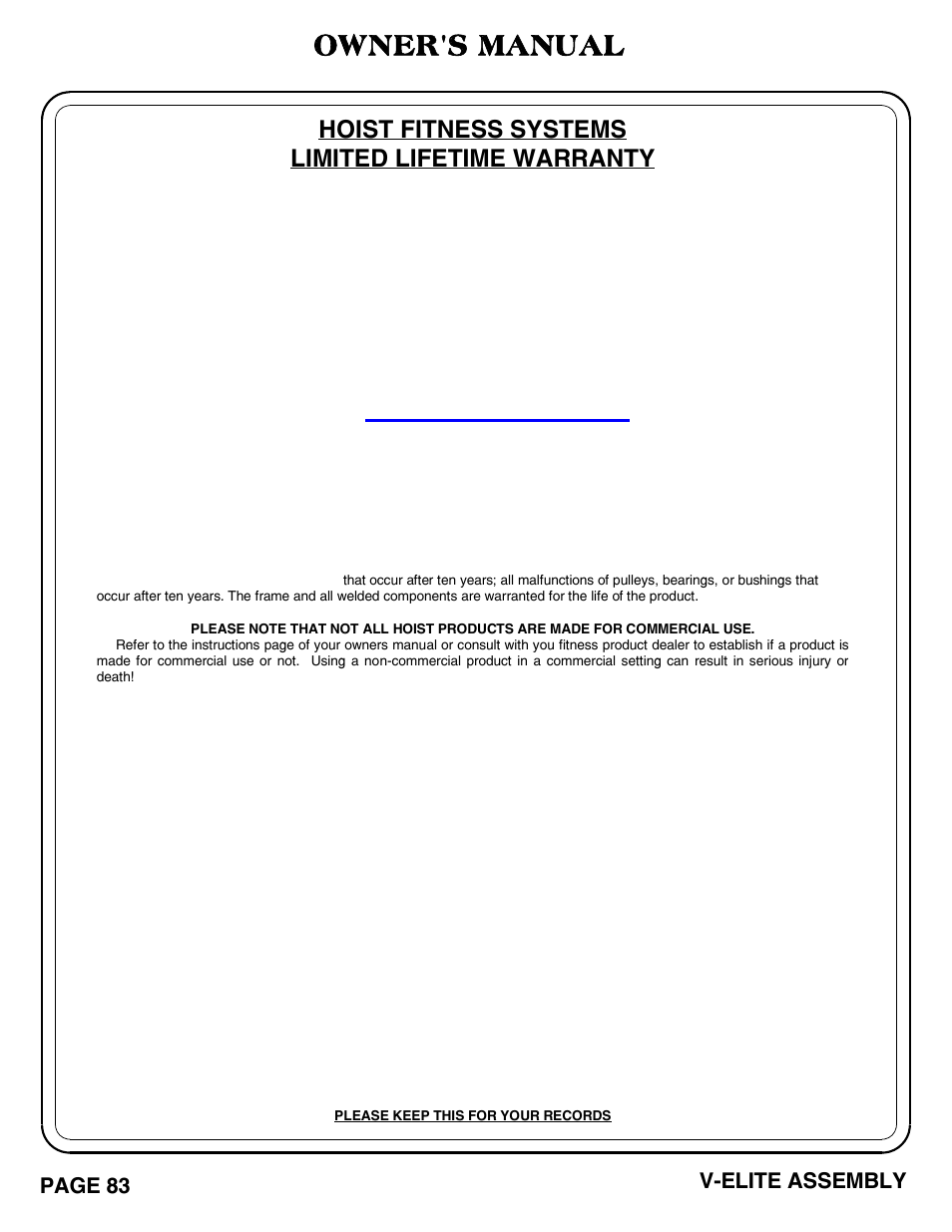 Owner's manual, Hoist fitness systems limited lifetime warranty, V-elite assembly page 83 | Hoist Fitness V-ELITE User Manual | Page 84 / 84