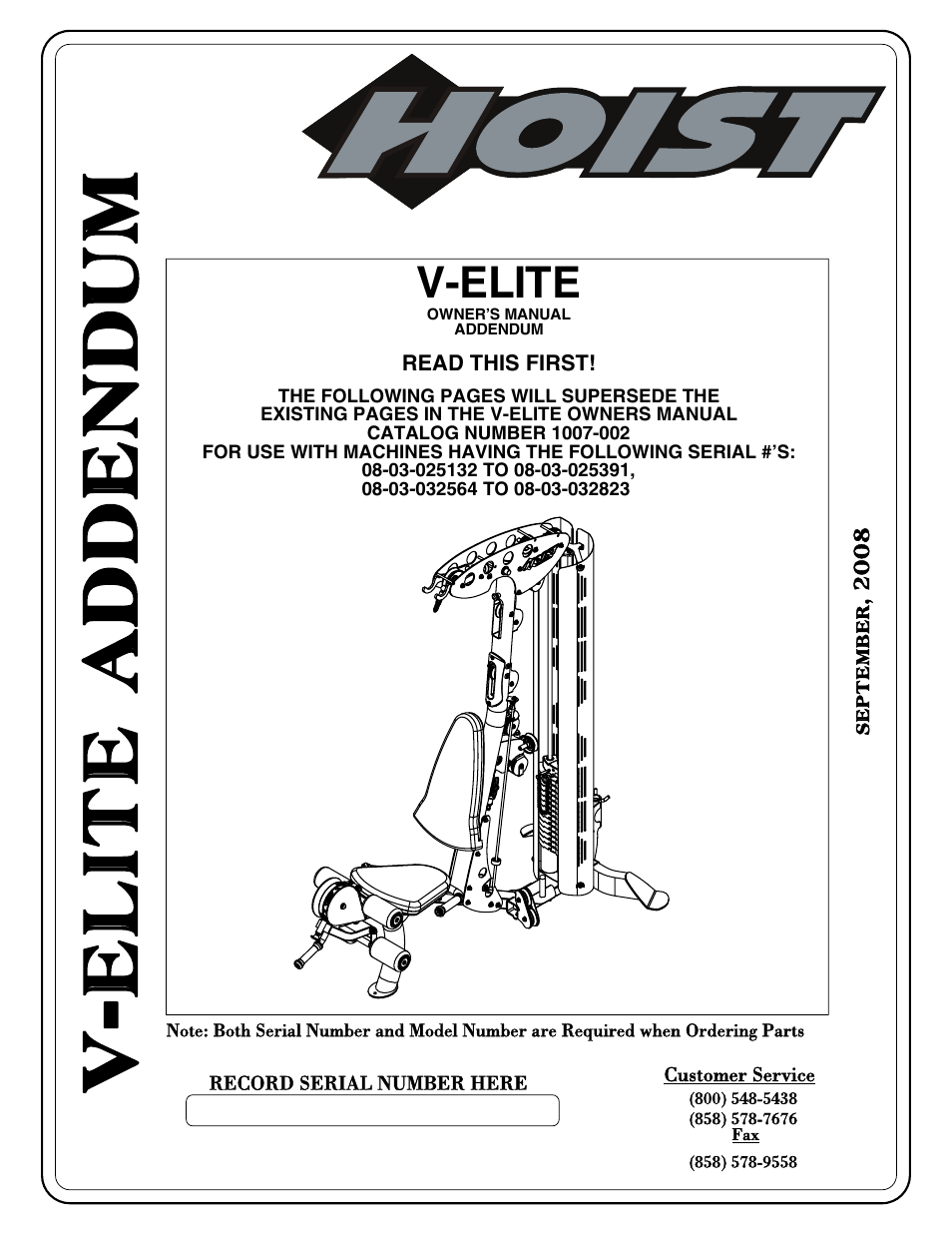 Hoist Fitness V-ELITE ADDENDUM User Manual | 13 pages