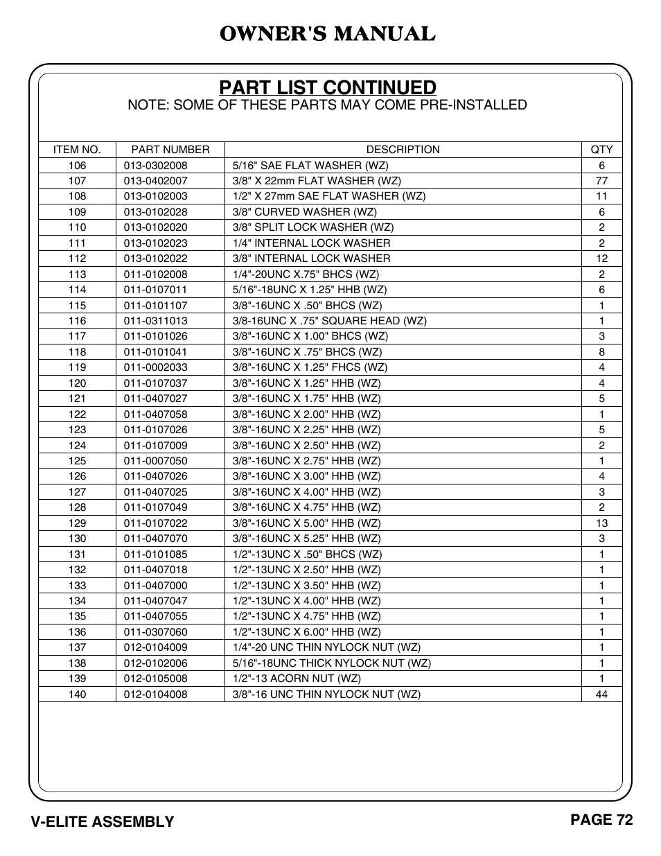 Part list continued, Owner's manual, V-elite assembly page 72 | Hoist Fitness V-ELITE ADDENDUM User Manual | Page 12 / 13
