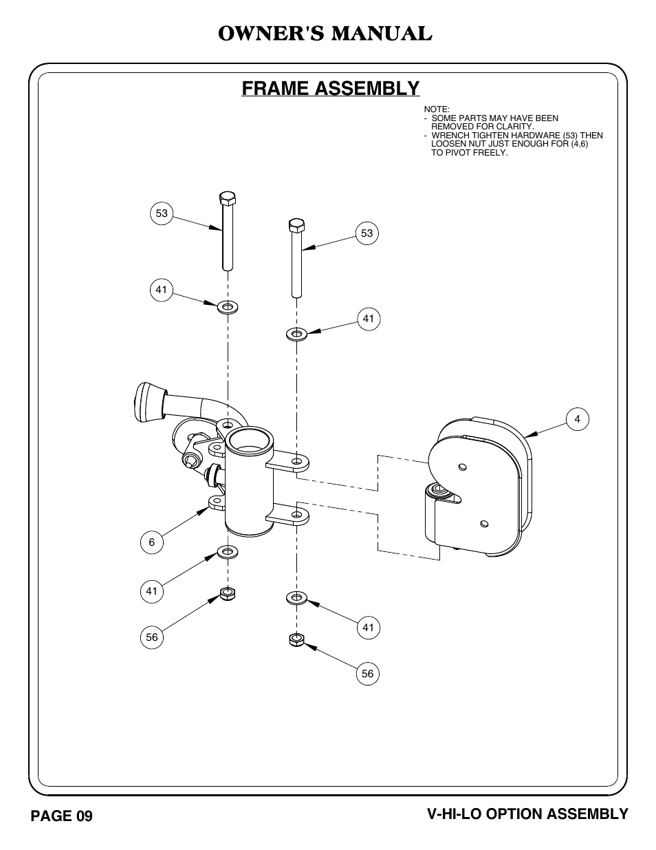 Frame assembly, Owner's manual, Page 09 v-hi-lo option assembly | Hoist Fitness V HI-LO User Manual | Page 10 / 55