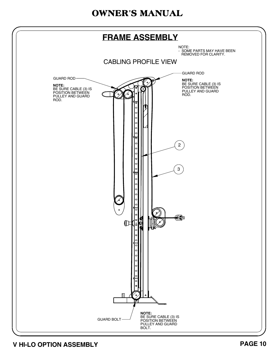 Frame assembly, Owner's manual, Cabling profile view | V hi-lo option assembly page 10 | Hoist Fitness V HI-LO User Manual | Page 11 / 55