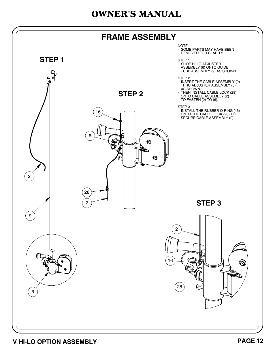 Frame assembly, Owner's manual, Step 3 | Step 1, Step 2, V hi-lo option assembly page 12 | Hoist Fitness V HI-LO User Manual | Page 13 / 55