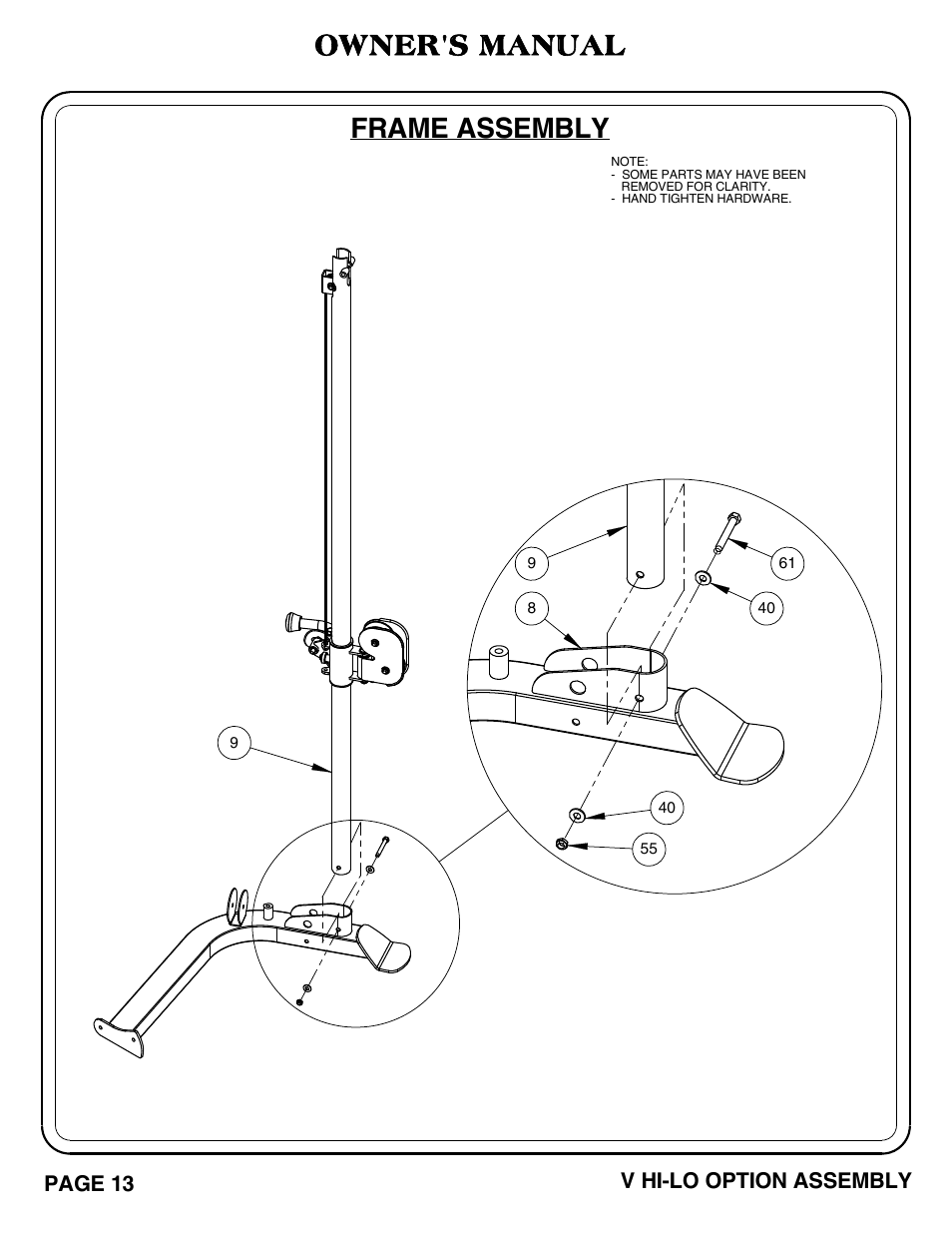 Frame assembly, Owner's manual | Hoist Fitness V HI-LO User Manual | Page 14 / 55