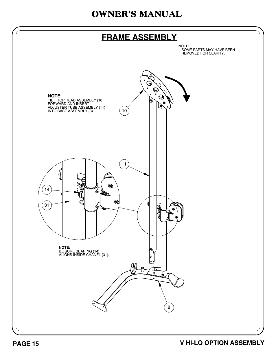 Owner's manual, Frame assembly, Page 15 v hi-lo option assembly | Hoist Fitness V HI-LO User Manual | Page 16 / 55