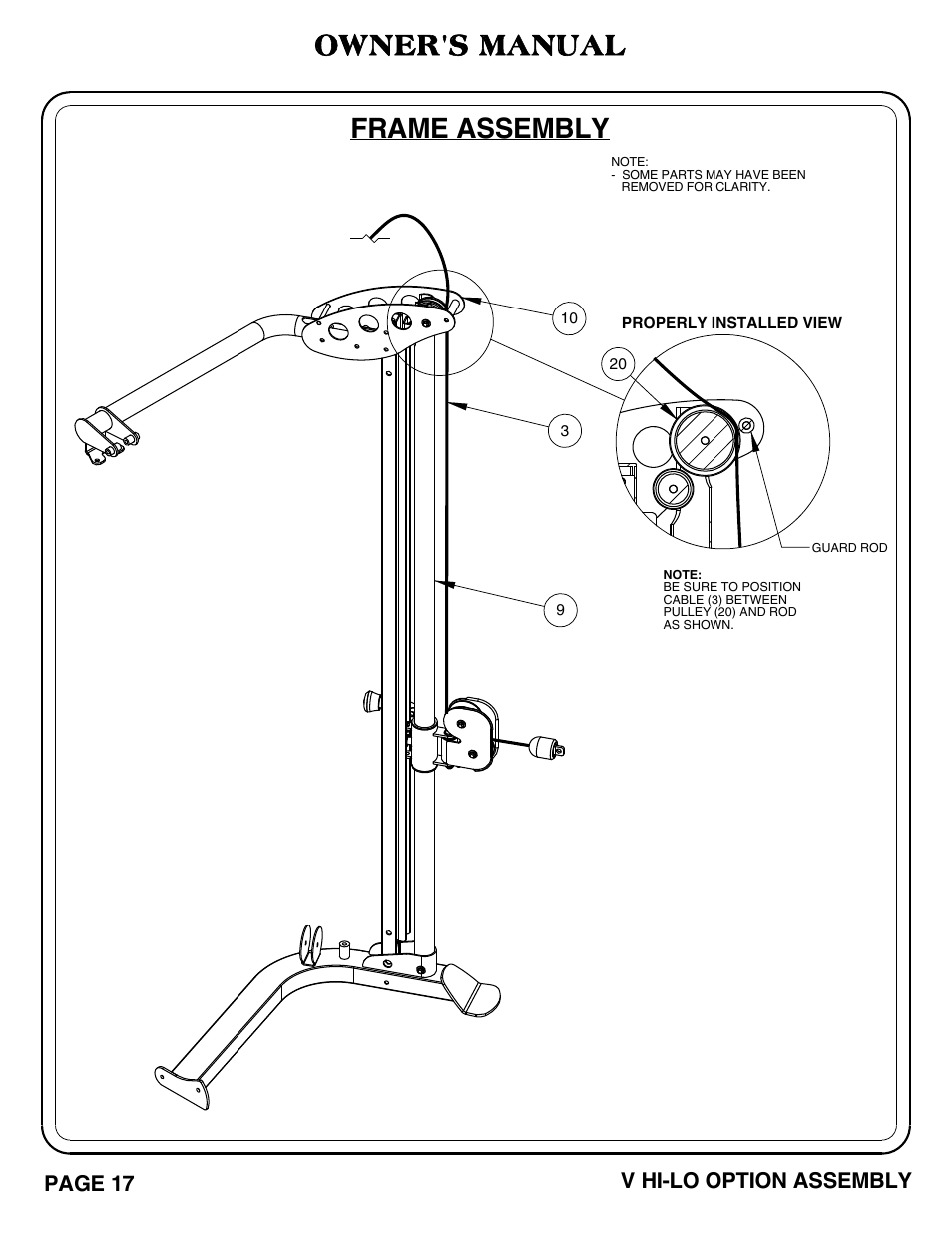 Frame assembly, Owner's manual, Page 17 v hi-lo option assembly | Hoist Fitness V HI-LO User Manual | Page 18 / 55