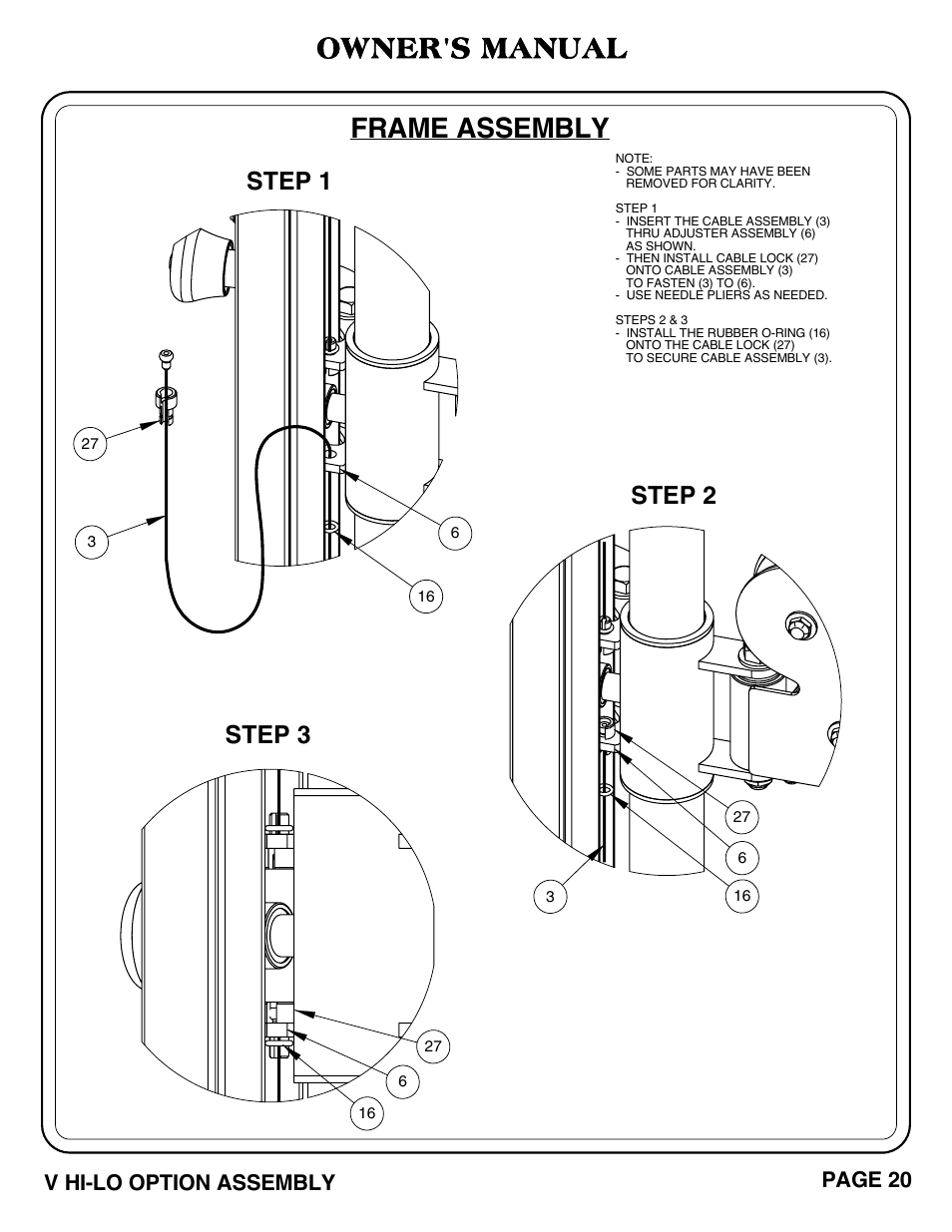 Frame assembly, Owner's manual, Step 3 | Step 1, Step 2, V hi-lo option assembly page 20 | Hoist Fitness V HI-LO User Manual | Page 21 / 55