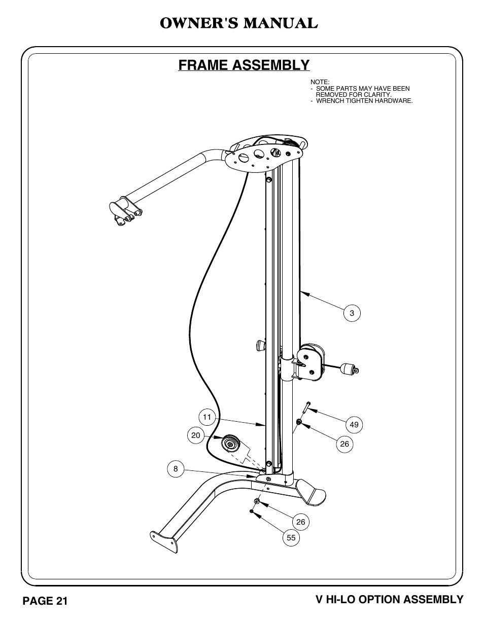 Frame assembly, Owner's manual | Hoist Fitness V HI-LO User Manual | Page 22 / 55