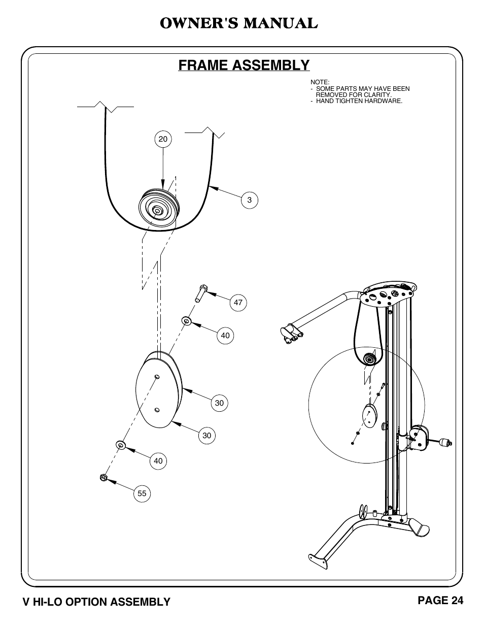 Frame assembly, Owner's manual | Hoist Fitness V HI-LO User Manual | Page 25 / 55