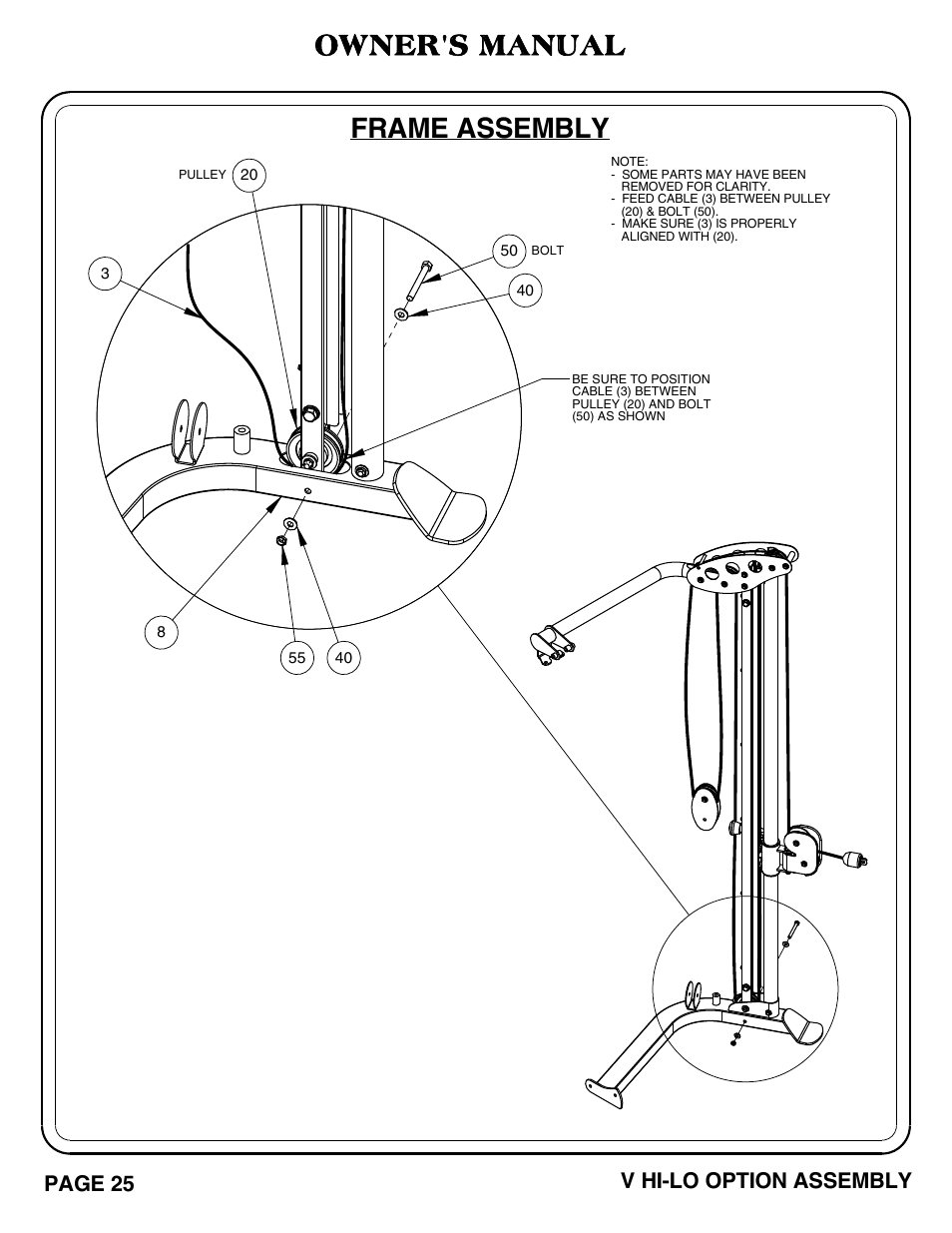 Frame assembly, Owner's manual, Page 25 | V hi-lo option assembly | Hoist Fitness V HI-LO User Manual | Page 26 / 55