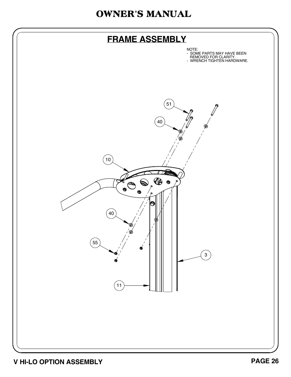 Frame assembly, Owner's manual, V hi-lo option assembly | Page 26 | Hoist Fitness V HI-LO User Manual | Page 27 / 55