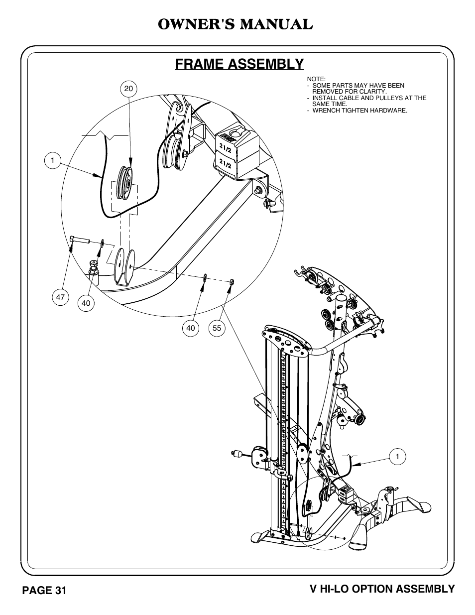 Frame assembly, Owner's manual, Page 31 v hi-lo option assembly | Hoist Fitness V HI-LO User Manual | Page 32 / 55