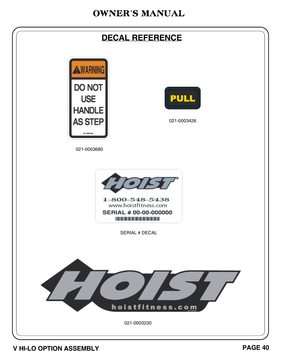 Decal reference owner's manual | Hoist Fitness V HI-LO User Manual | Page 41 / 55