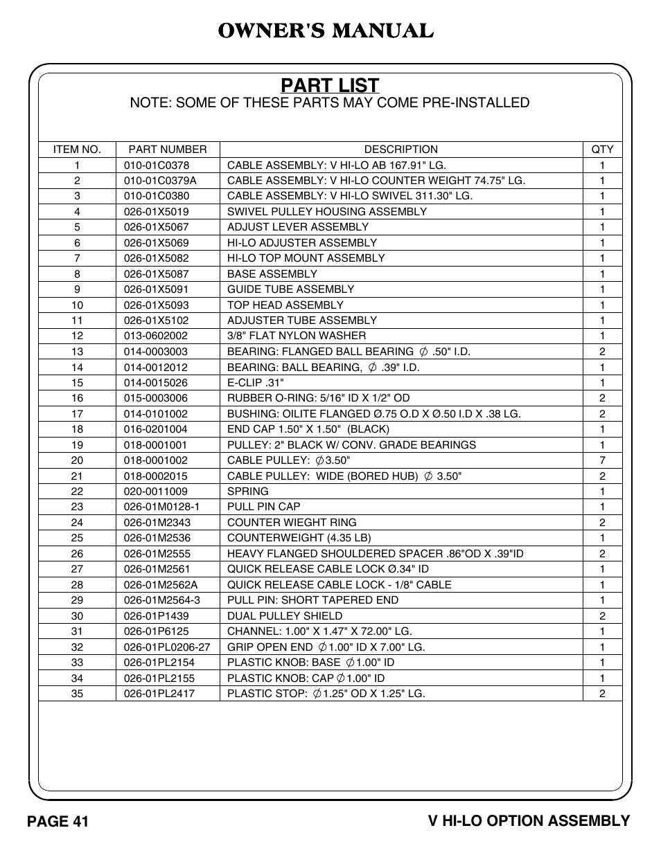 Part list, Owner's manual, Page 41 | V hi-lo option assembly | Hoist Fitness V HI-LO User Manual | Page 42 / 55