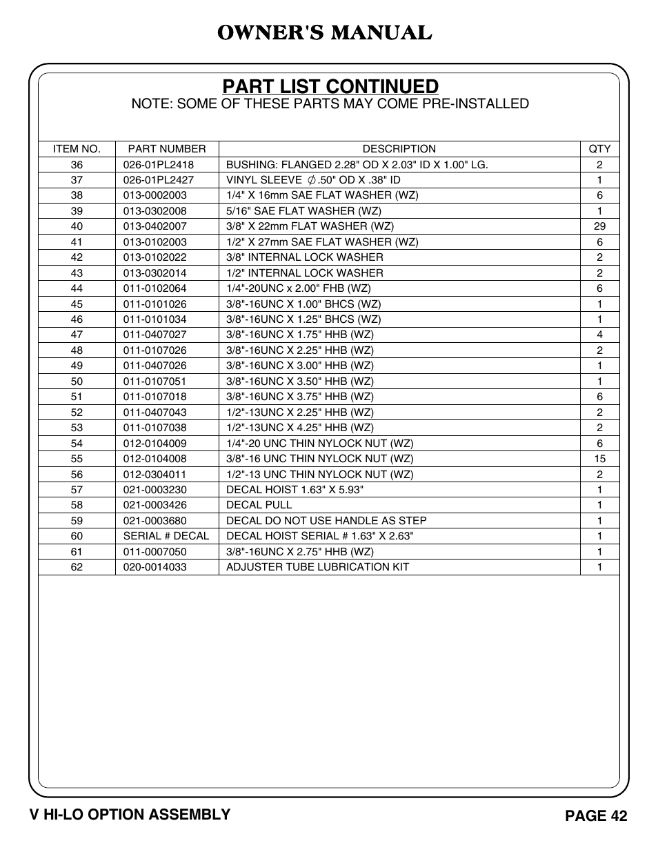 Part list continued, Owner's manual, Page 42 v hi-lo option assembly | Hoist Fitness V HI-LO User Manual | Page 43 / 55