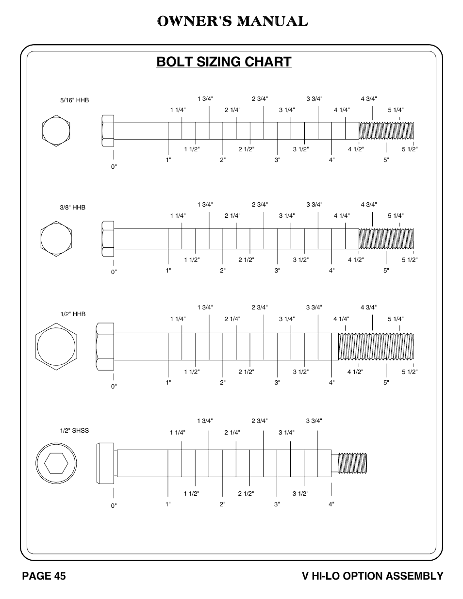 Bolt sizing chart owner's manual, Page 45 v hi-lo option assembly | Hoist Fitness V HI-LO User Manual | Page 46 / 55