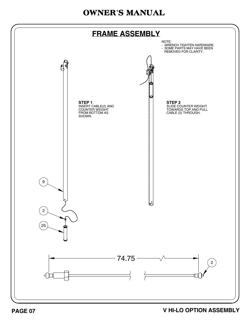 Frame assembly, Owner's manual, Page 07 v hi-lo option assembly | Hoist Fitness V HI-LO User Manual | Page 8 / 55