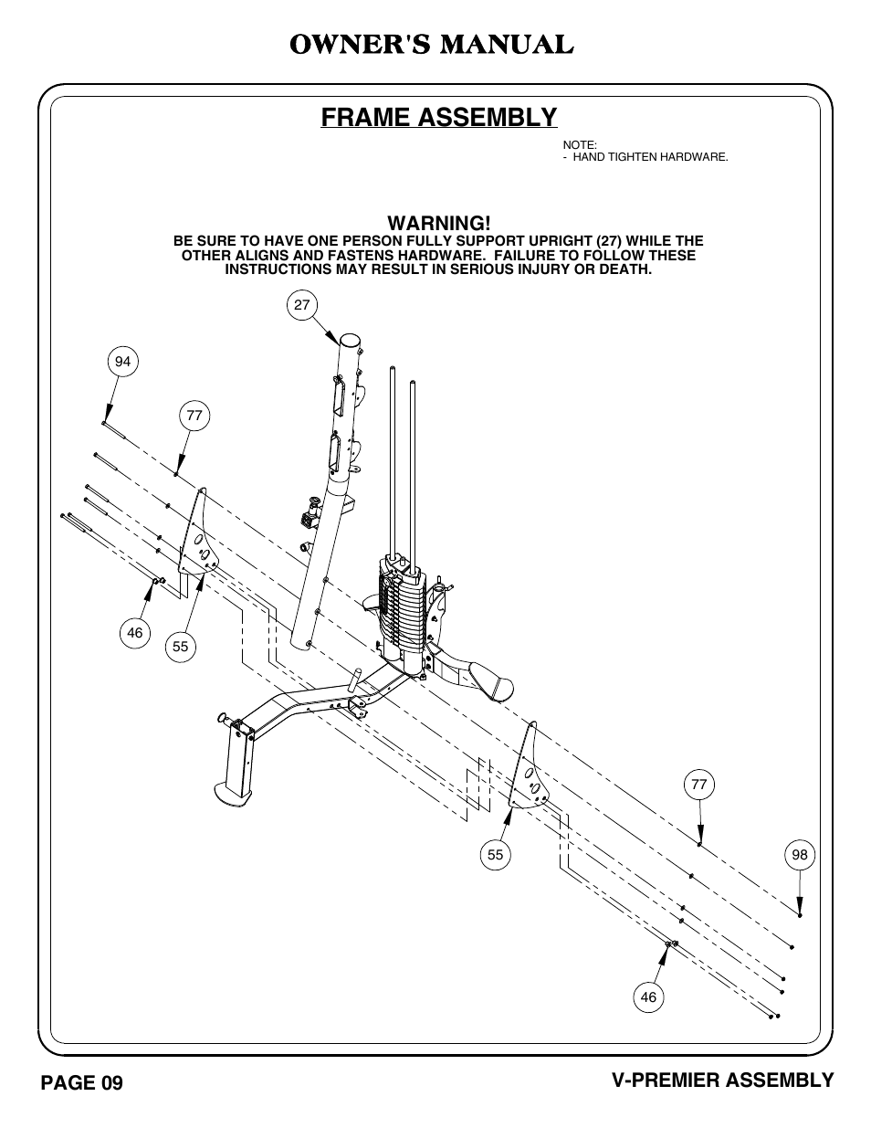 Frame assembly, Owner's manual, Warning | Page 09 v-premier assembly | Hoist Fitness V-PREMIER User Manual | Page 10 / 73