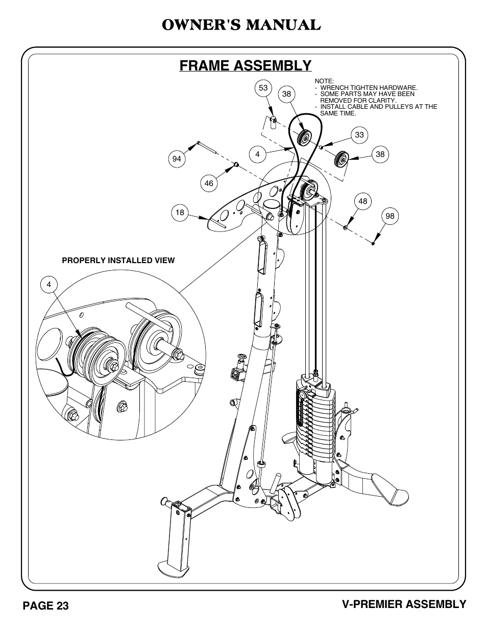 Frame assembly, Owner's manual, Page 23 v-premier assembly | Hoist Fitness V-PREMIER User Manual | Page 24 / 73