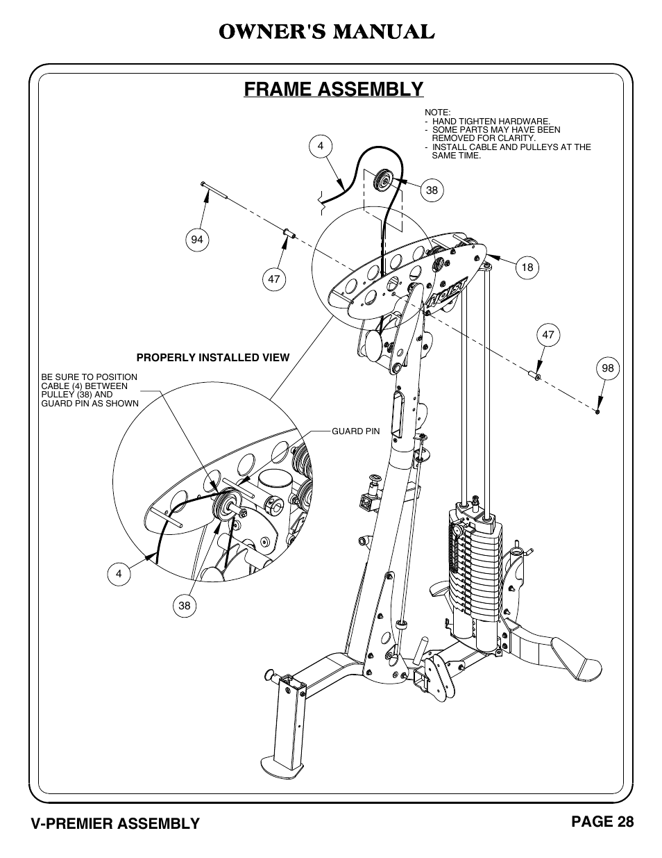 Frame assembly, Owner's manual, V-premier assembly page 28 | Hoist Fitness V-PREMIER User Manual | Page 29 / 73