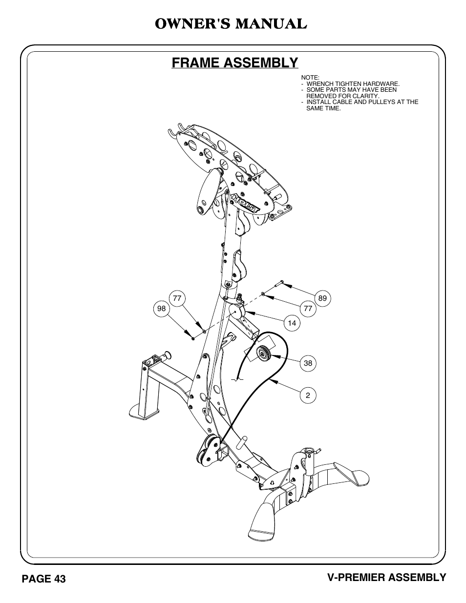 Frame assembly, Owner's manual, V-premier assembly | Page 43 | Hoist Fitness V-PREMIER User Manual | Page 44 / 73