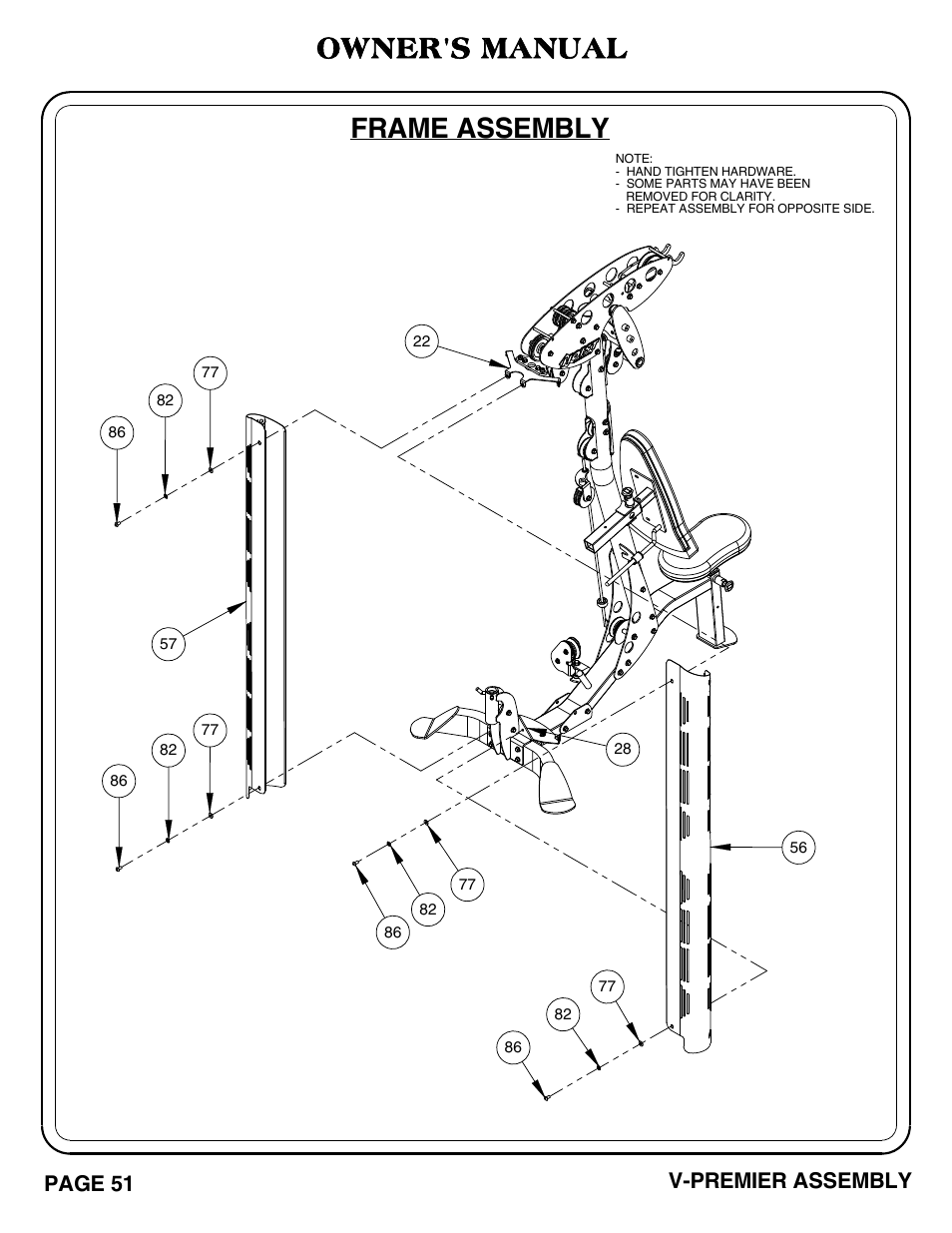 Frame assembly, Owner's manual, V-premier assembly page 51 | Hoist Fitness V-PREMIER User Manual | Page 52 / 73