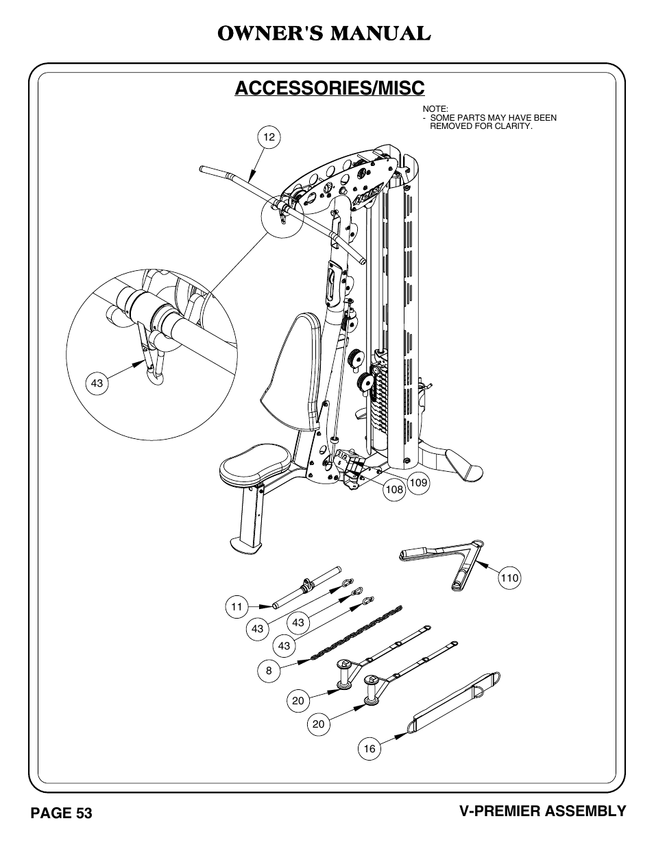 Owner's manual, Accessories/misc, Page 53 | V-premier assembly | Hoist Fitness V-PREMIER User Manual | Page 54 / 73