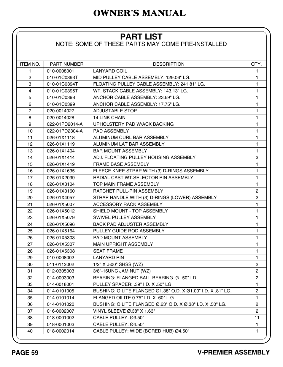 Part list, Owner's manual, Page 59 | V-premier assembly | Hoist Fitness V-PREMIER User Manual | Page 60 / 73