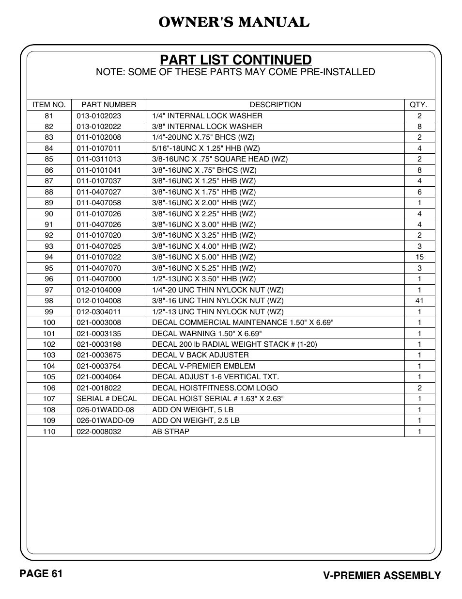 Owner's manual, Part list continued, Page 61 v-premier assembly | Hoist Fitness V-PREMIER User Manual | Page 62 / 73