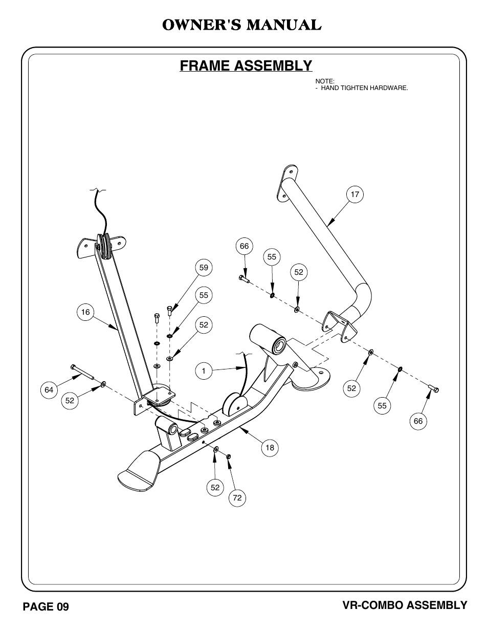 Vr-combo pg_09-10, Frame assembly, Owner's manual | Page 09, Vr-combo assembly | Hoist Fitness VR-COMBO User Manual | Page 10 / 51