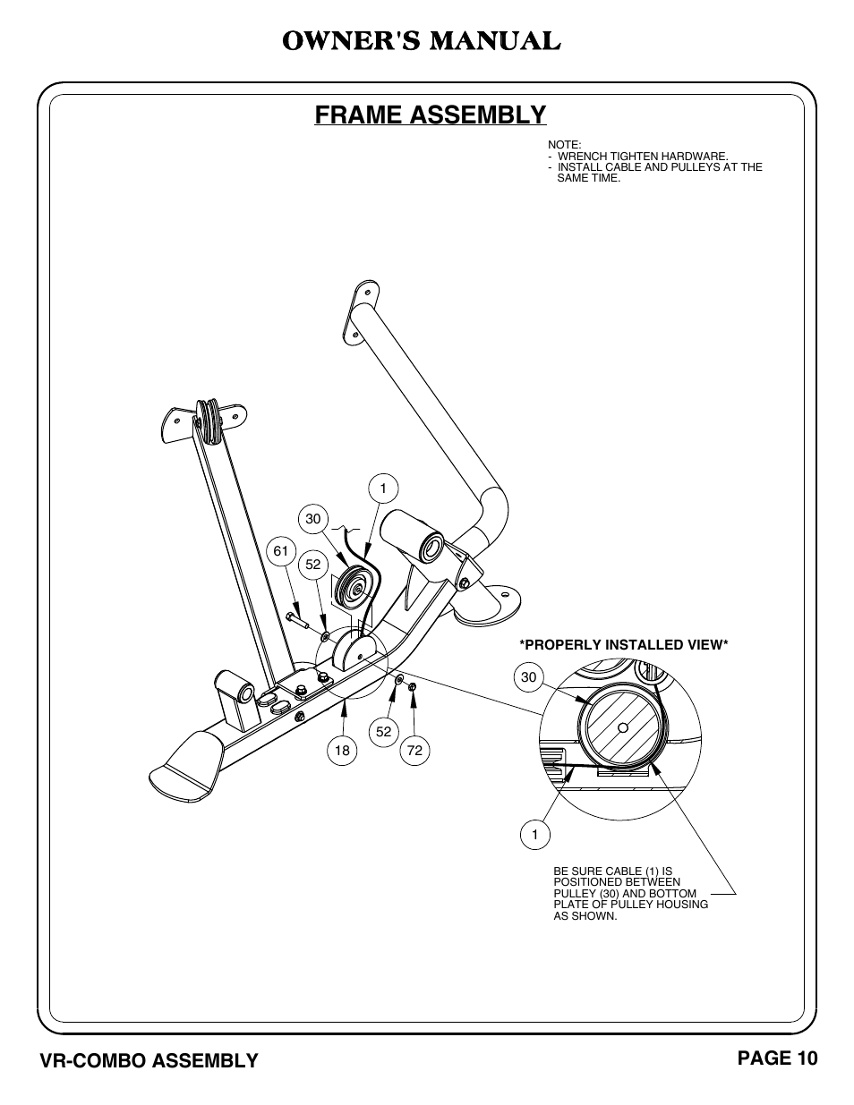 Frame assembly, Owner's manual, Vr-combo assembly page 10 | Hoist Fitness VR-COMBO User Manual | Page 11 / 51