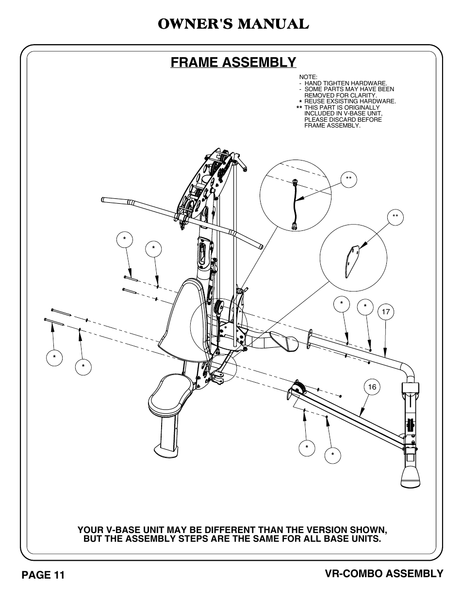 Vr-combo pg_11-12, Frame assembly, Owner's manual | Page 11 vr-combo assembly | Hoist Fitness VR-COMBO User Manual | Page 12 / 51