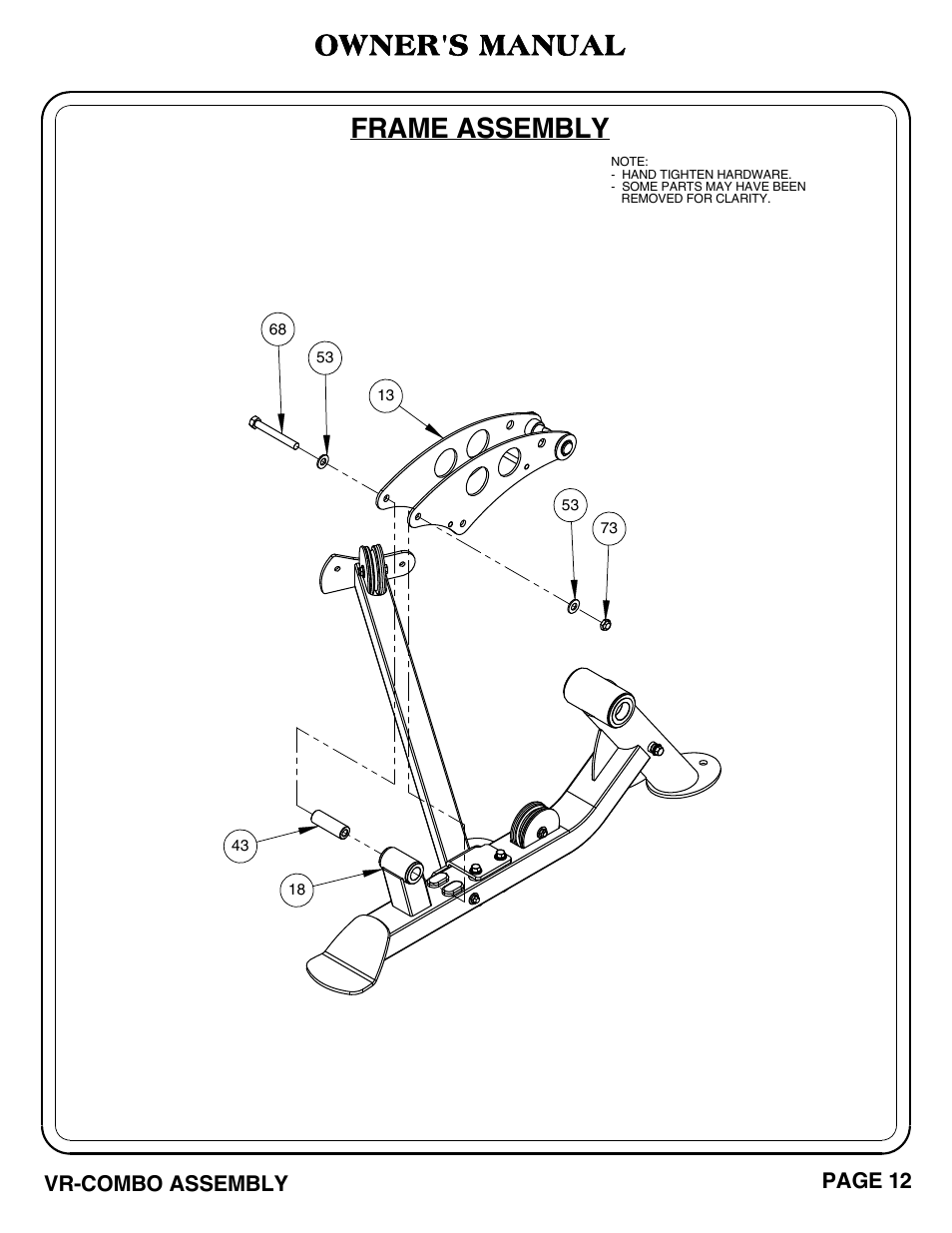 Owner's manual, Frame assembly | Hoist Fitness VR-COMBO User Manual | Page 13 / 51
