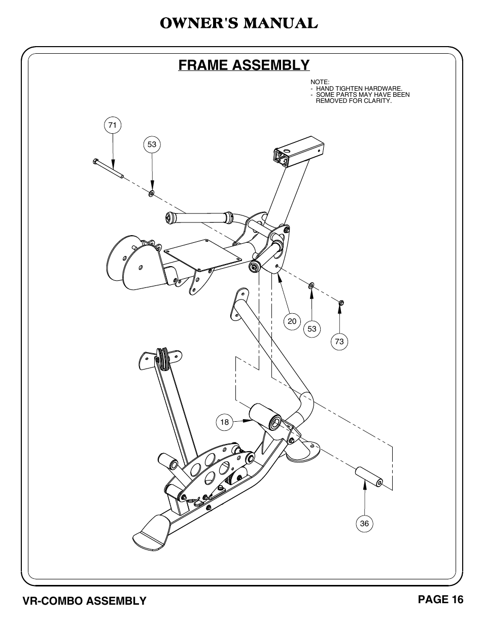 Owner's manual, Frame assembly | Hoist Fitness VR-COMBO User Manual | Page 17 / 51