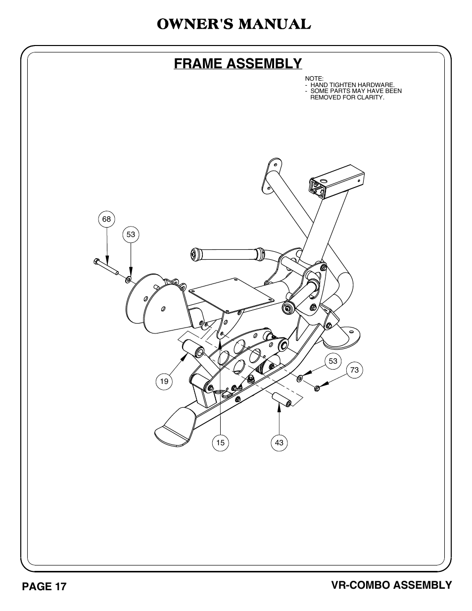 Vr-combo pg_17-18, Owner's manual, Frame assembly | Page 17, Vr-combo assembly | Hoist Fitness VR-COMBO User Manual | Page 18 / 51