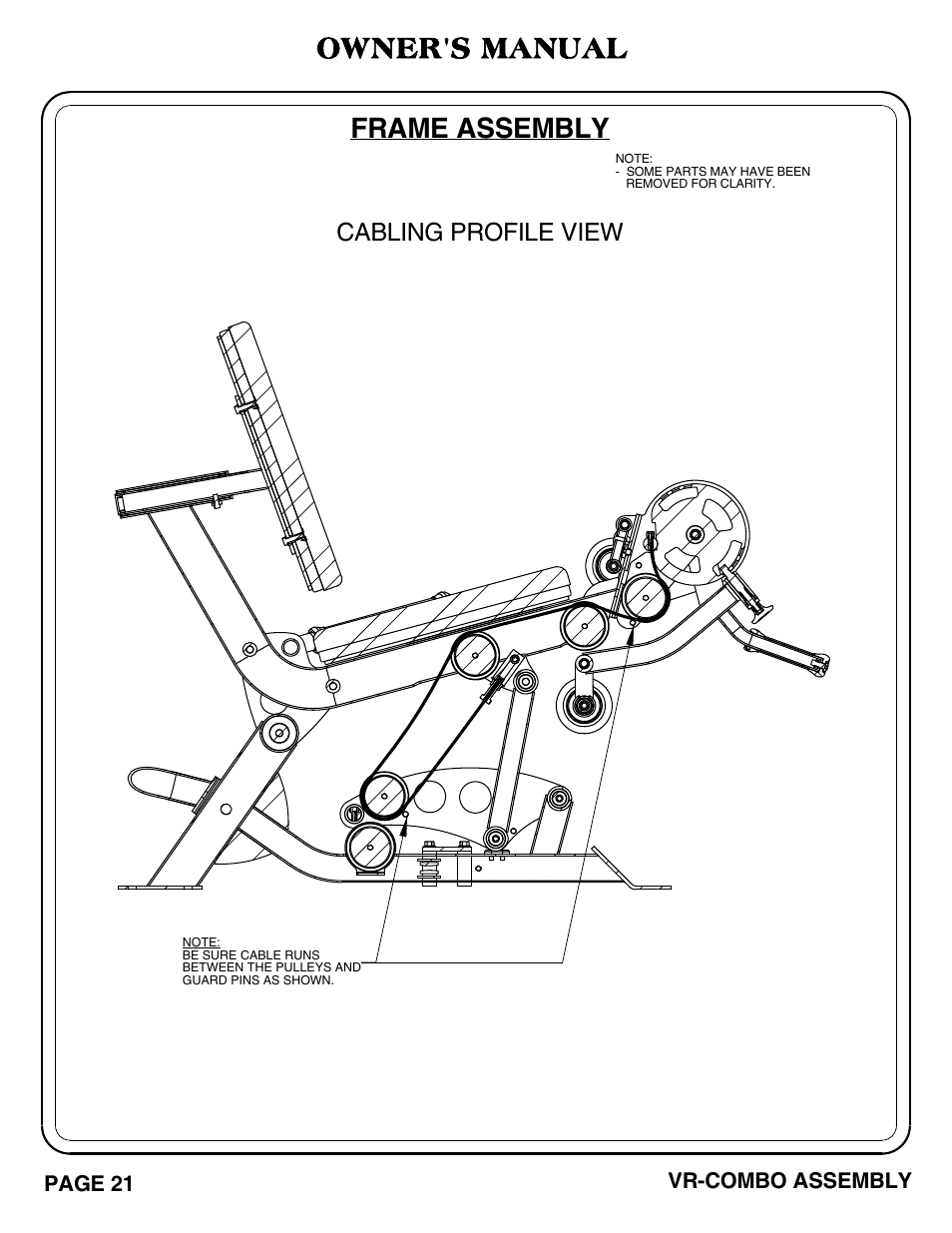 Vr-combo pg_21-22, Frame assembly, Owner's manual | Cabling profile view | Hoist Fitness VR-COMBO User Manual | Page 22 / 51
