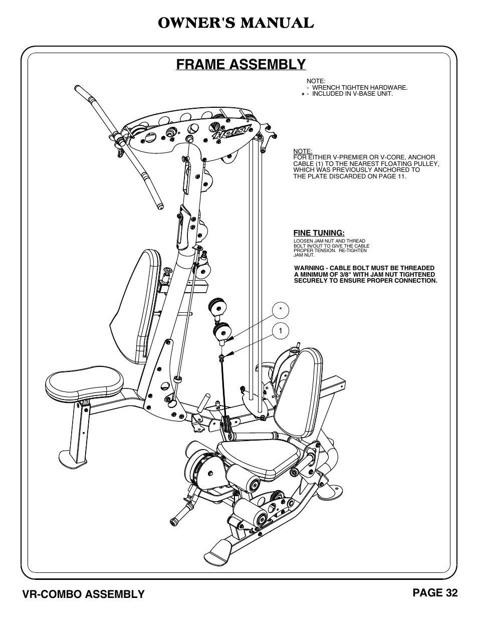 Frame assembly, Owner's manual, Vr-combo assembly page 32 | Hoist Fitness VR-COMBO User Manual | Page 33 / 51