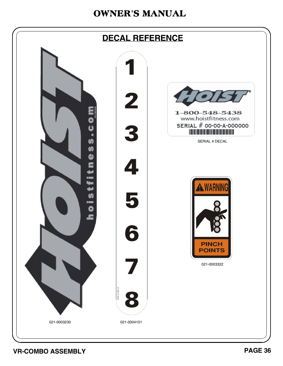 Owner's manual, Decal reference | Hoist Fitness VR-COMBO User Manual | Page 37 / 51