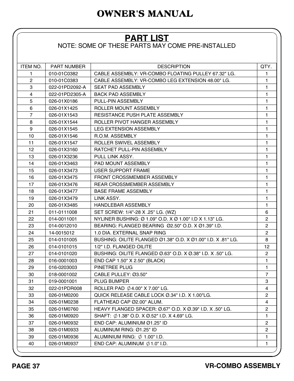Owner's manual, Part list, Page 37 vr-combo assembly | Hoist Fitness VR-COMBO User Manual | Page 38 / 51