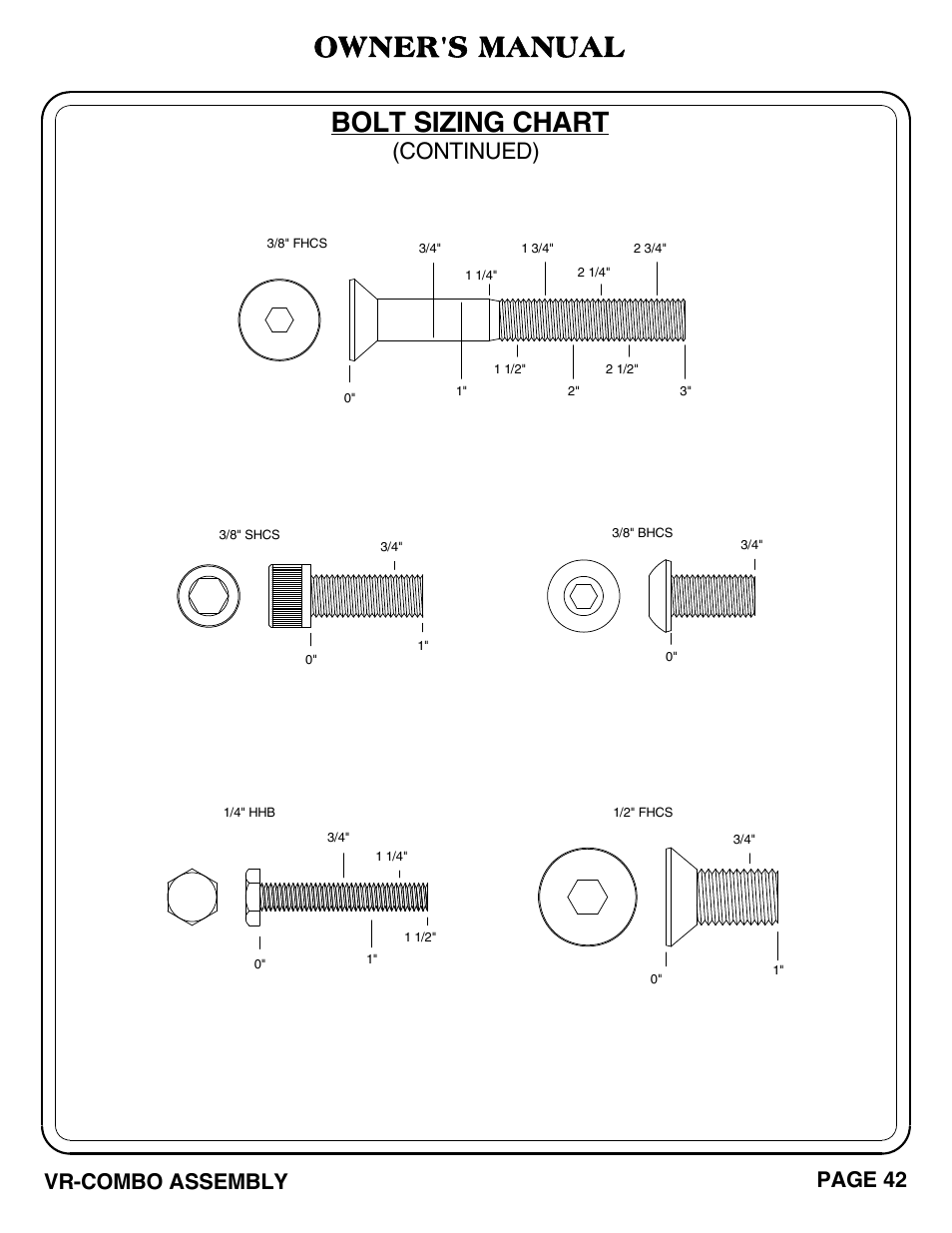 Owner's manual, Bolt sizing chart, Continued) | Page 42 vr-combo assembly | Hoist Fitness VR-COMBO User Manual | Page 43 / 51