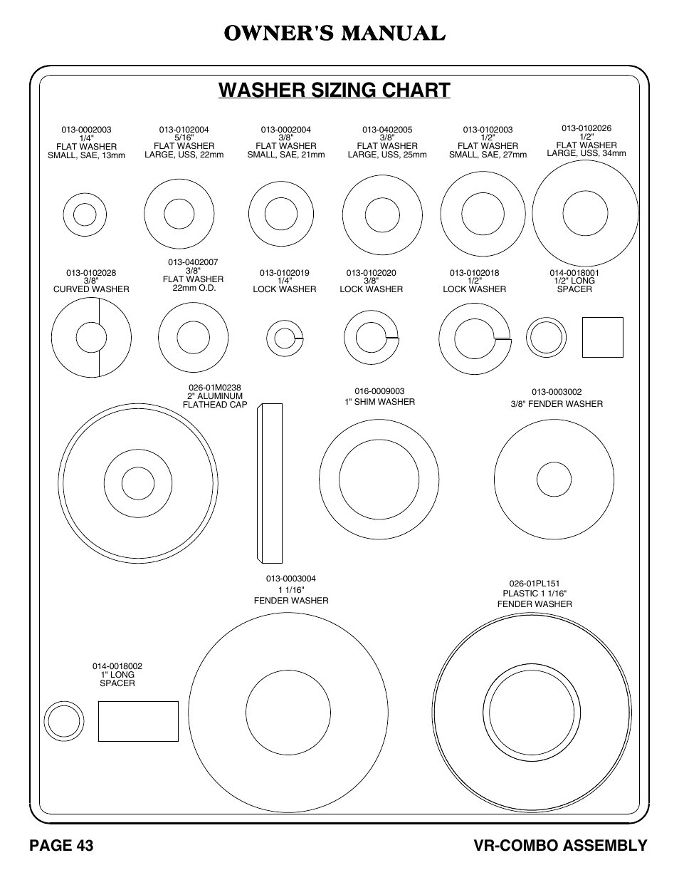 Owner's manual, Washer sizing chart, Page 43 vr-combo assembly | Hoist Fitness VR-COMBO User Manual | Page 44 / 51