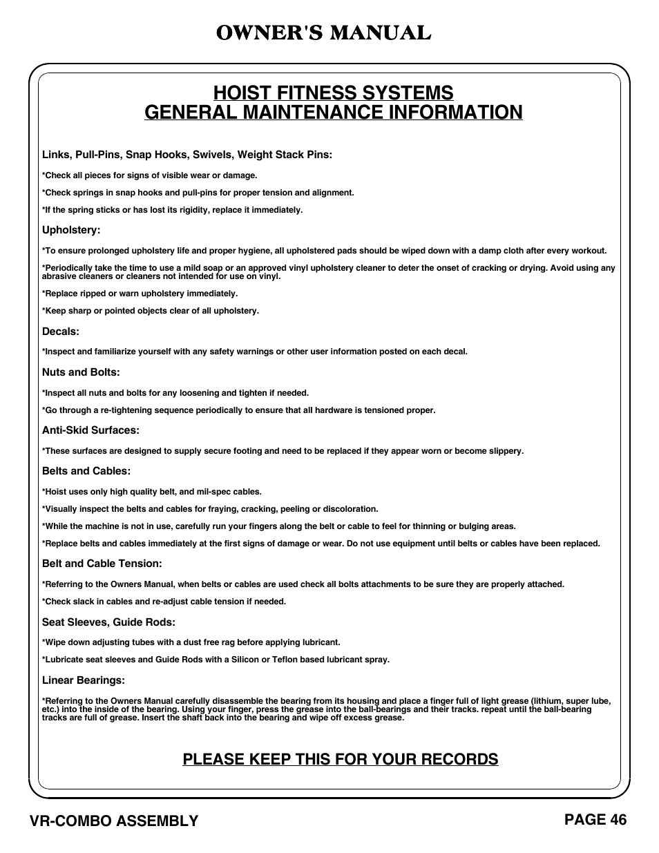 Owner's manual, Please keep this for your records, Page 46 vr-combo assembly | Hoist Fitness VR-COMBO User Manual | Page 47 / 51