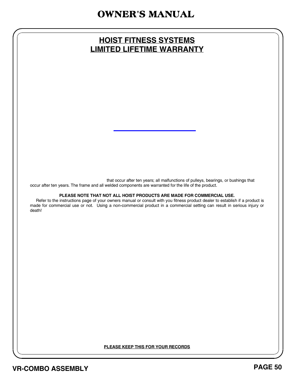 Owner's manual, Hoist fitness systems limited lifetime warranty, Page 50 vr-combo assembly | Hoist Fitness VR-COMBO User Manual | Page 51 / 51