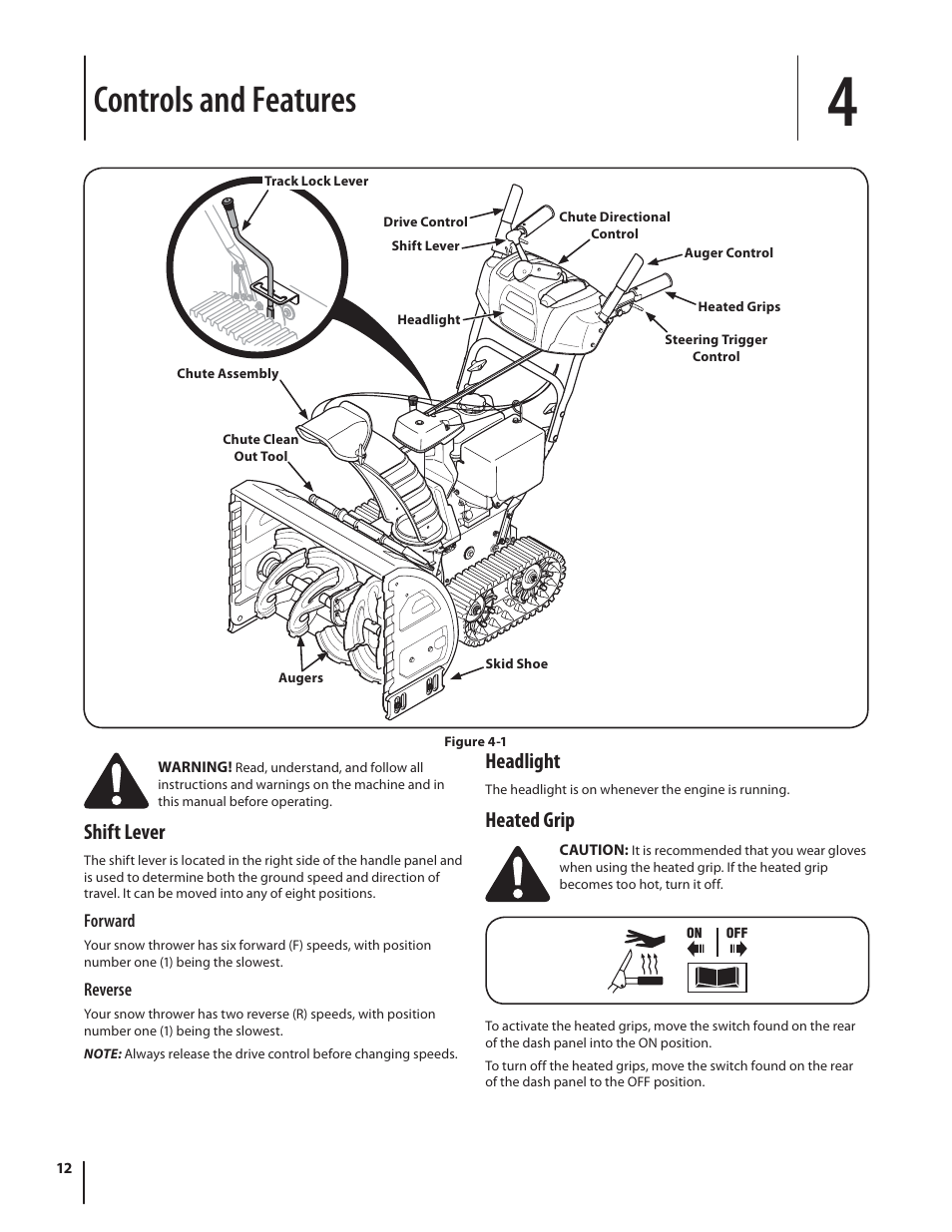 Controls and features, Shift lever, Headlight | Heated grip | Cub Cadet 726 TDE User Manual | Page 12 / 28
