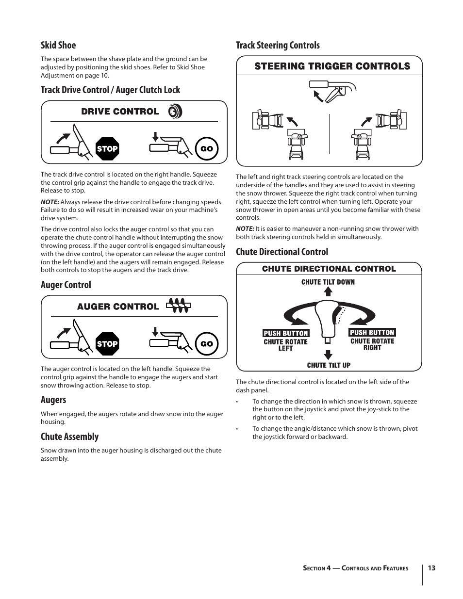 Skid shoe, Track drive control / auger clutch lock, Auger control | Augers, Chute assembly, Track steering controls, Chute directional control | Cub Cadet 726 TDE User Manual | Page 13 / 28