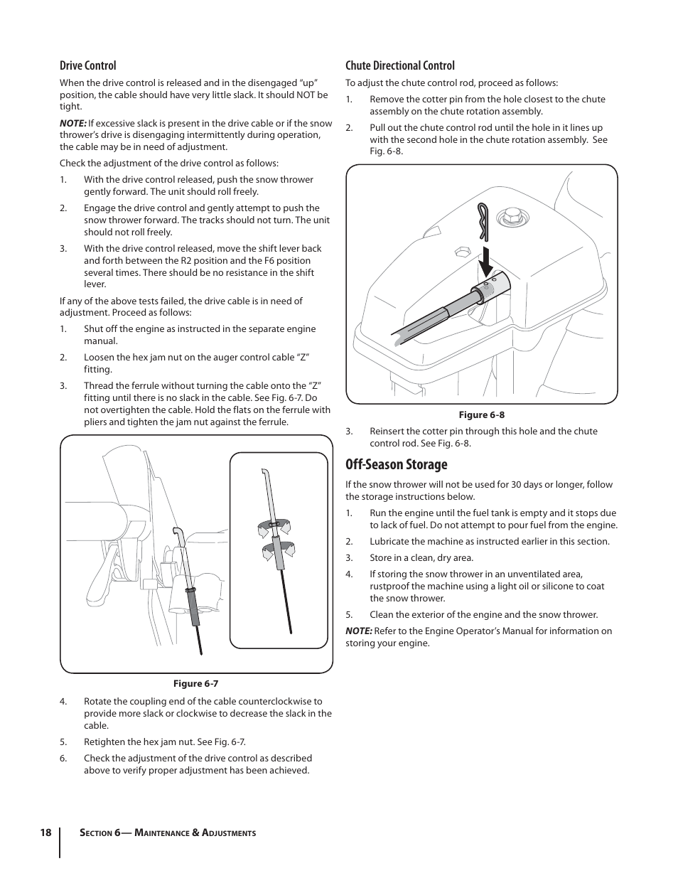 Off-season storage, Drive control, Chute directional control | Cub Cadet 726 TDE User Manual | Page 18 / 28