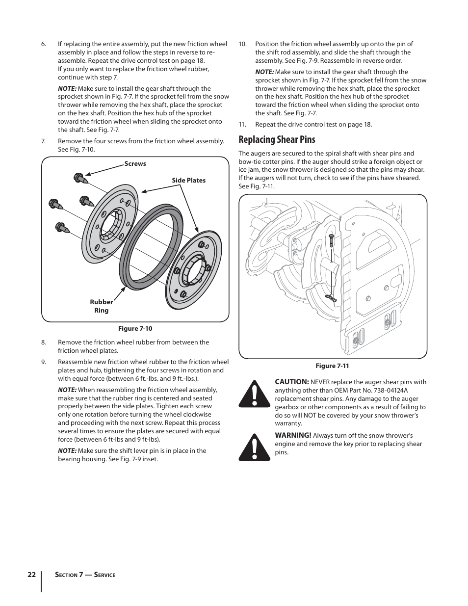 Replacing shear pins | Cub Cadet 726 TDE User Manual | Page 22 / 28