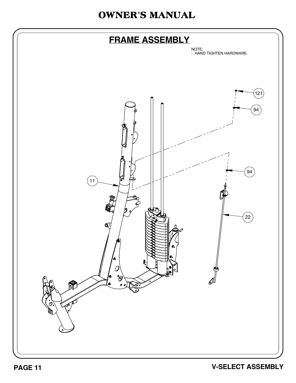 Frame assembly, Owner's manual | Hoist Fitness V-SELECT User Manual | Page 12 / 84