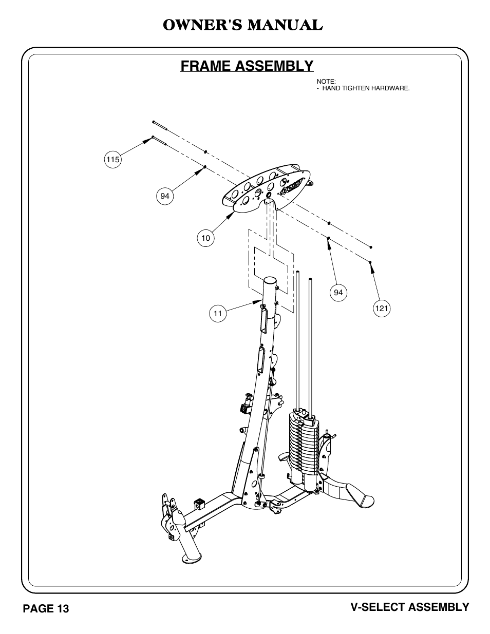 Frame assembly, Owner's manual | Hoist Fitness V-SELECT User Manual | Page 14 / 84