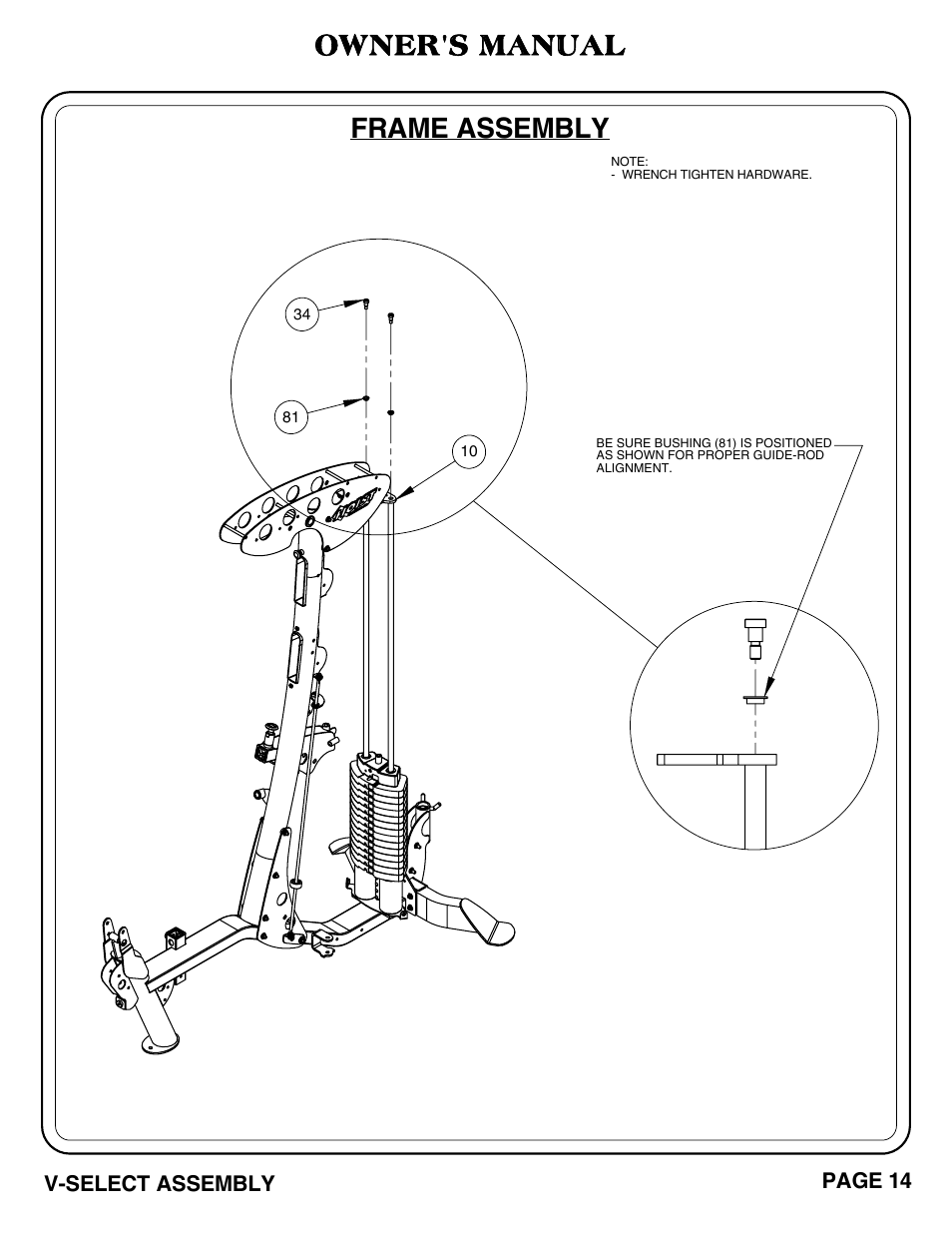 Frame assembly, Owner's manual | Hoist Fitness V-SELECT User Manual | Page 15 / 84